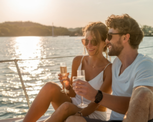 Catamarán: espectacular y elegante atardecer en catamarán; música, romántico y relajado