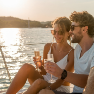 Catamarán: espectacular y elegante atardecer en catamarán; música, romántico y relajado